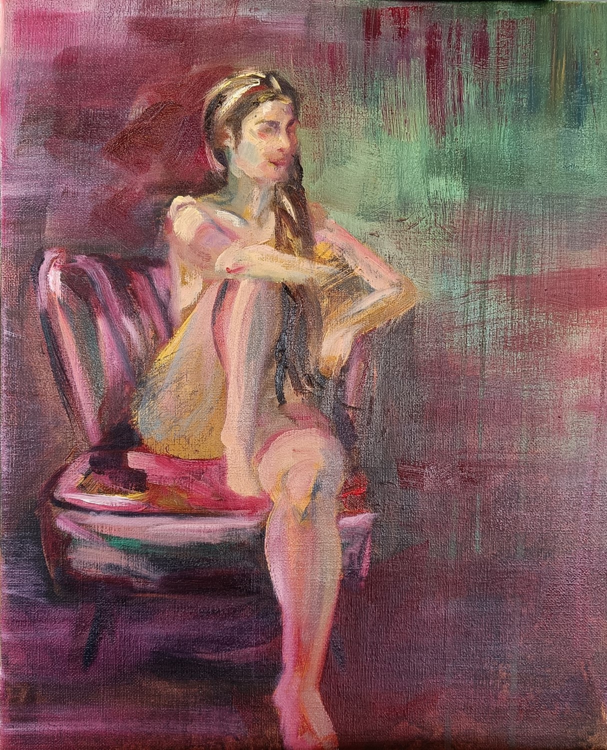 Schilderij van model in rode en groene kleuren
