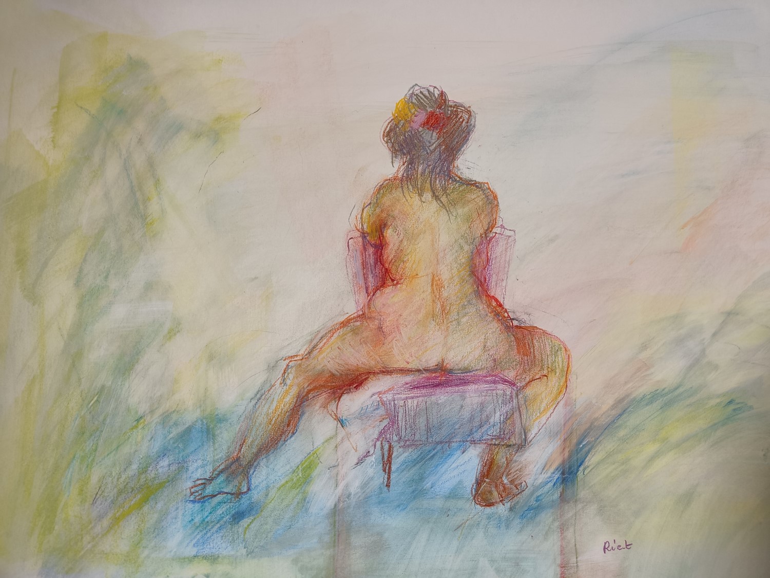Schilderij van model die met haar rug naar ons toe zit